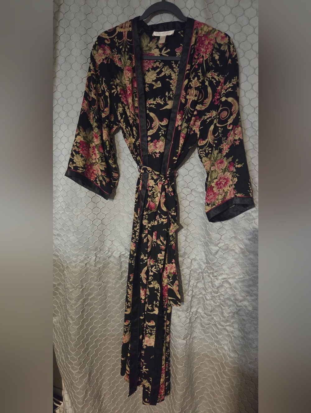 Oscar de la Renta Pink Label Satin Floral Kimono Robe w/ Rose Accents sz SM